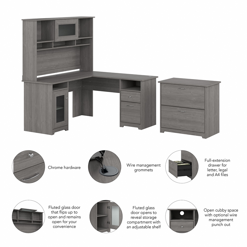 Pemberly Row L Desk with Hutch and File Cabinet in Modern Gray - Engineered Wood