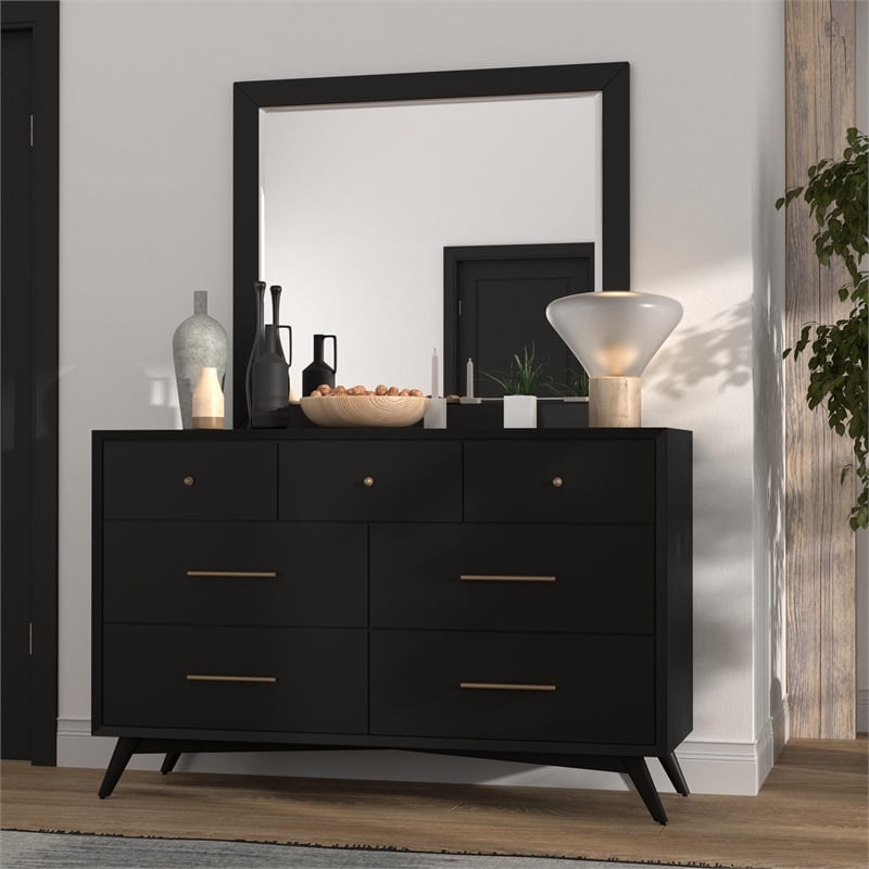 Pemberly Row Mid Century Modern Wood 7 Drawer Dresser in Black