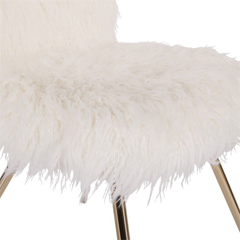 Pemberly Row Modern Chair with White Faux Fur Fabric and Gold Legs