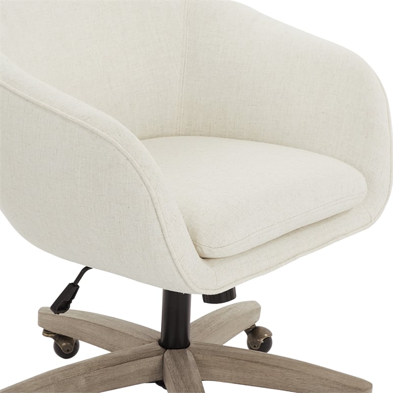 Pemberly Row Office Chair in Linen Cream Fabric with Gray Brush Wood Base KD