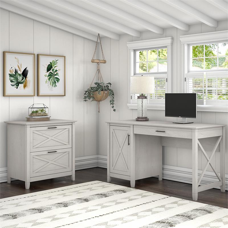 Pemberly Row 54W Computer Desk with Lateral File Cabinet in White - Wood