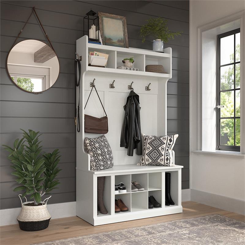 Pemberly Row 40W Hall Tree and Shoe Bench w/ Shelves in White Ash - Wood