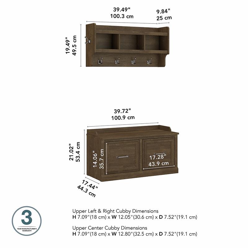 Pemberly Row 40W Shoe Bench with Doors and Coat Rack in Ash Brown - Wood