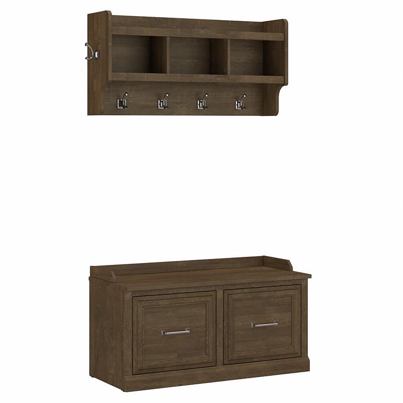 Pemberly Row 40W Shoe Bench with Doors and Coat Rack in Ash Brown - Wood