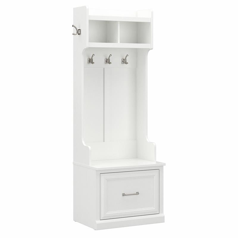 Pemberly Row 24W Hall Tree & Shoe Bench w/ Drawer in White Ash - Engineered Wood