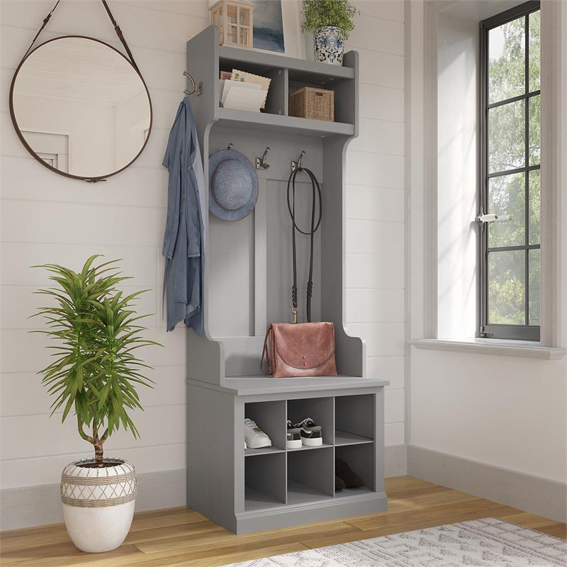 Pemberly Row 24W Hall Tree & Shoe Bench w/ Shelves in Gray -Engineered Wood