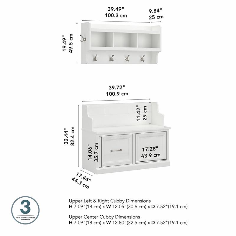 Pemberly Row Entryway Bench with Doors and Wall Shelf in White Ash - Wood