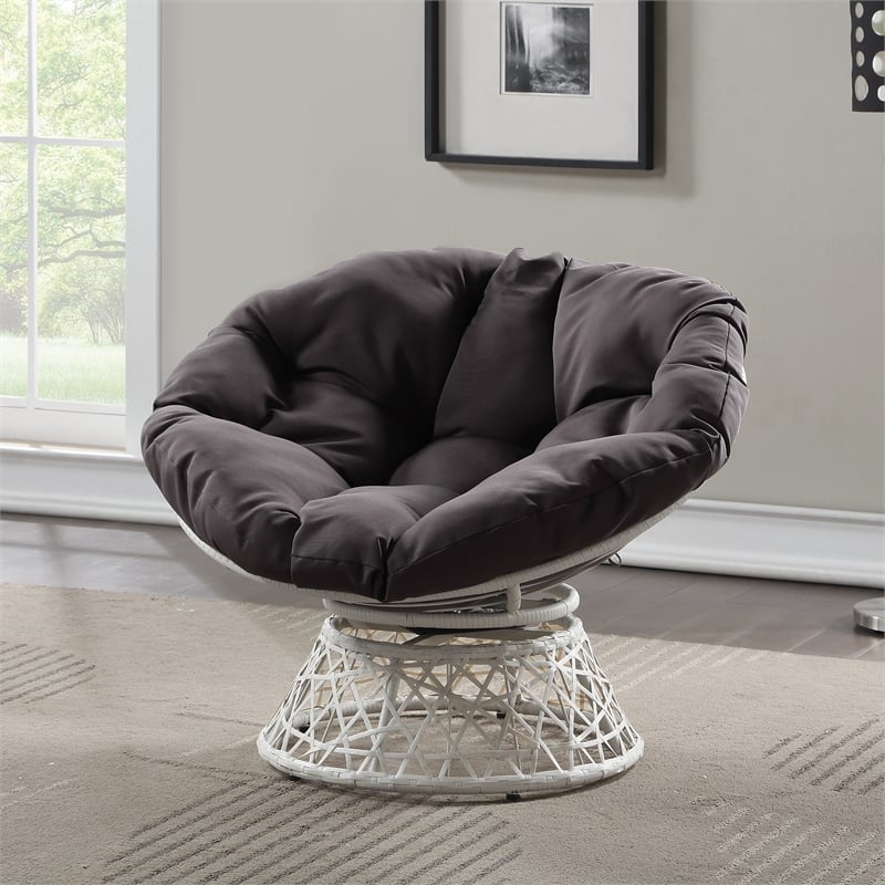 Pemberly Row Chair with Gray Round Fabric Pillow Cushion and Cream Wicker Weave