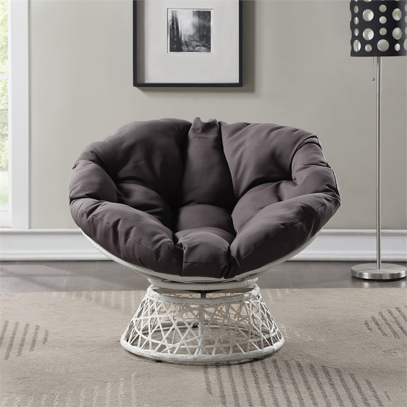 Pemberly Row Chair with Gray Round Fabric Pillow Cushion and Cream Wicker Weave