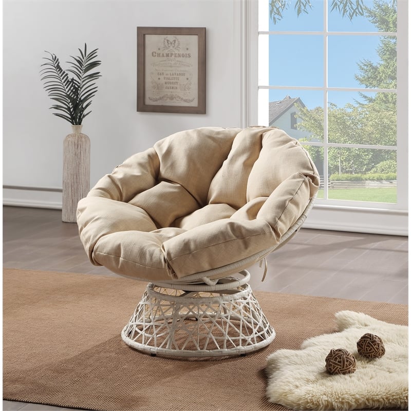 Pemberly Row Chair with Cream Round Fabric Pillow Cushion and Cream Wicker Weave