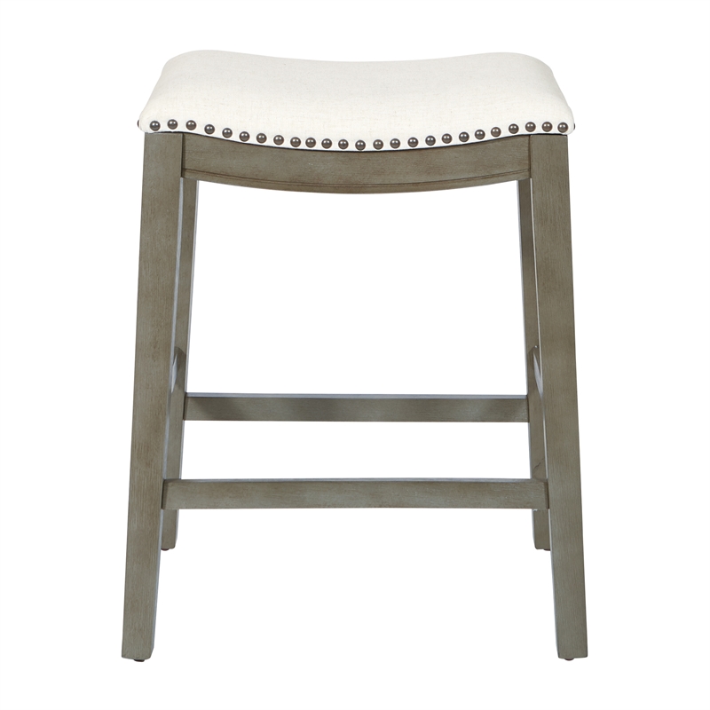 Pemberly Row Saddle Stool - Beige Linen Fabric & Antique Gray Base 2-Pack