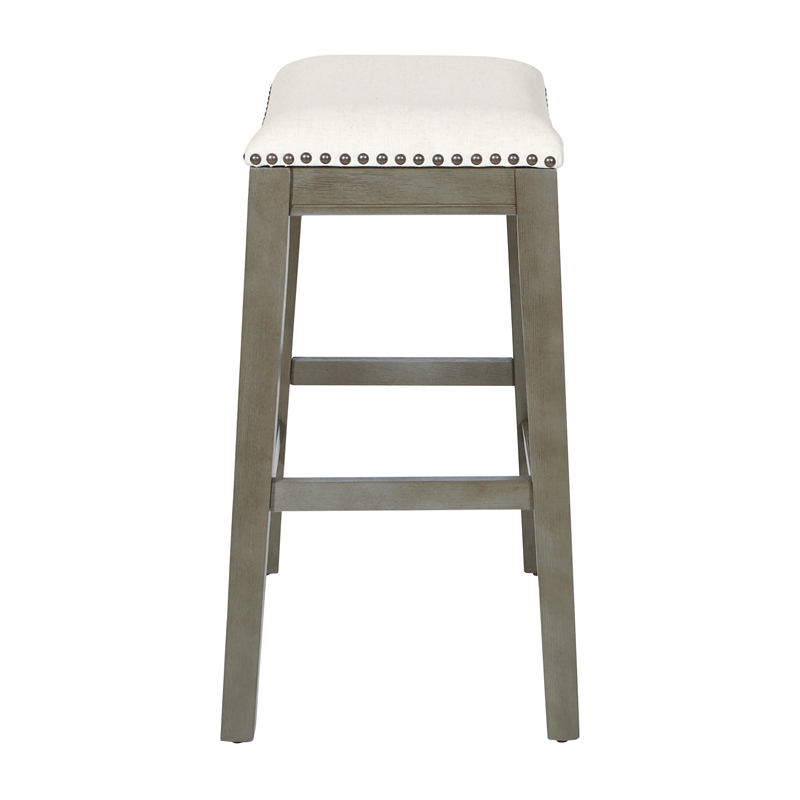 Pemberly Row Saddle Stool - Beige Linen Fabric & Antique Gray Base 2-Pack