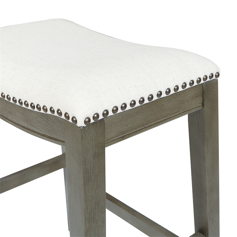 Pemberly Row Saddle Stool - Beige Linen Fabric & Antique Gray Base 2-Pack