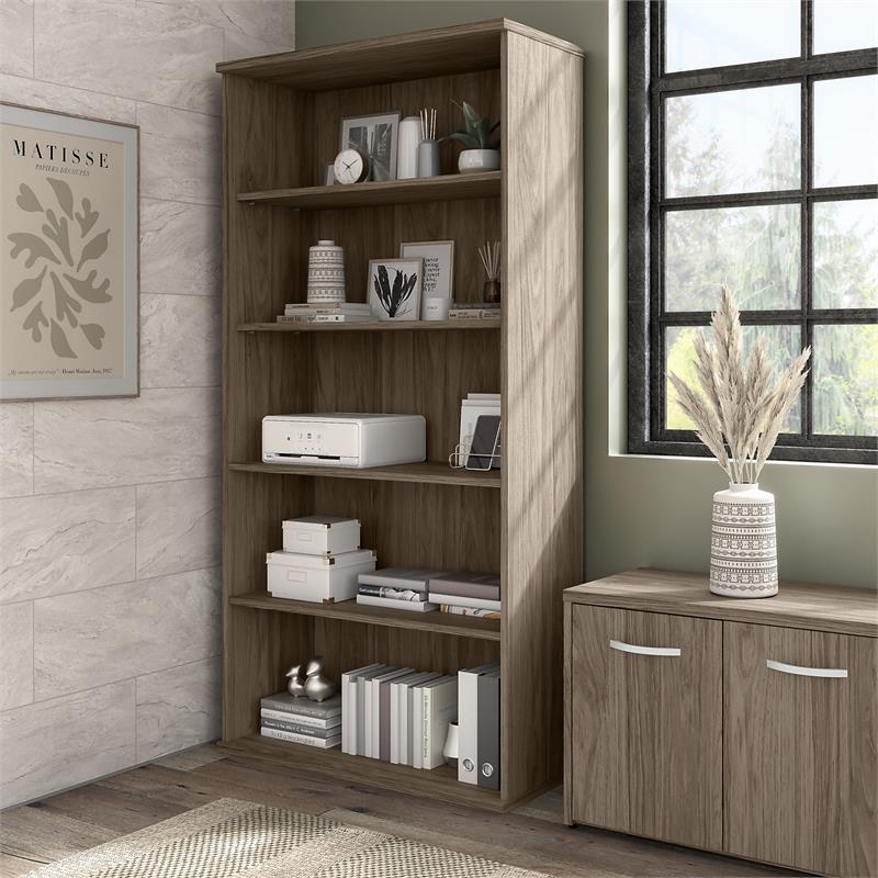 Pemberly Row Tall 5 Shelf Bookcase in Modern Hickory - Engineered Wood
