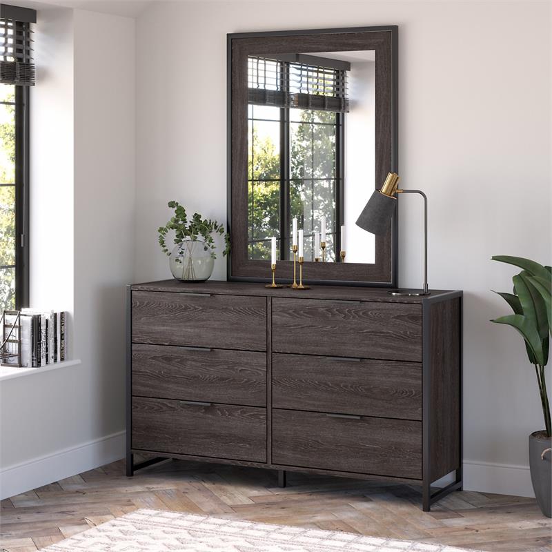 Pemberly Row 6 Drawer Dresser with Mirror in Charcoal Gray - Engineered Wood