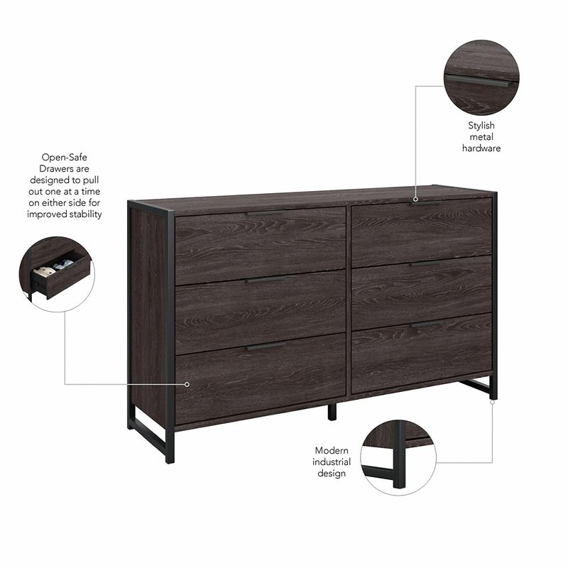 Pemberly Row 6 Drawer Dresser with Mirror in Charcoal Gray - Engineered Wood