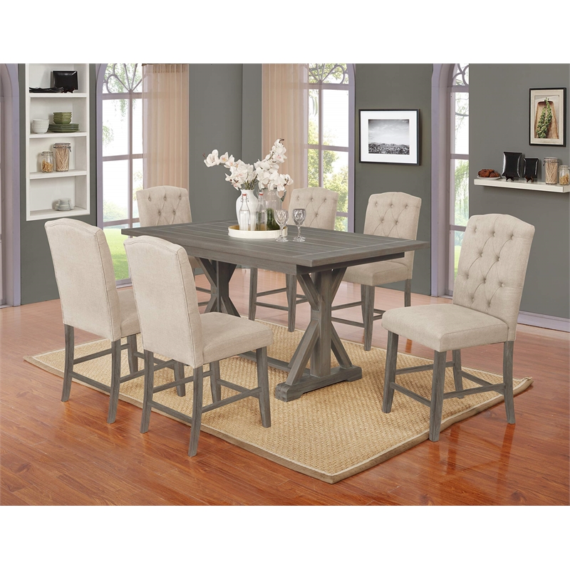 Pemberly Row Rustic Counterheight Dining Chairs w/ Beige Linen Fabric (Set of 2)