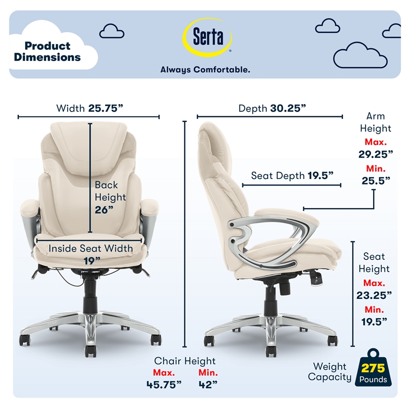 Pemberly Row Office Chair Patented AIR Lumbar Technology Bonded Leather Cream