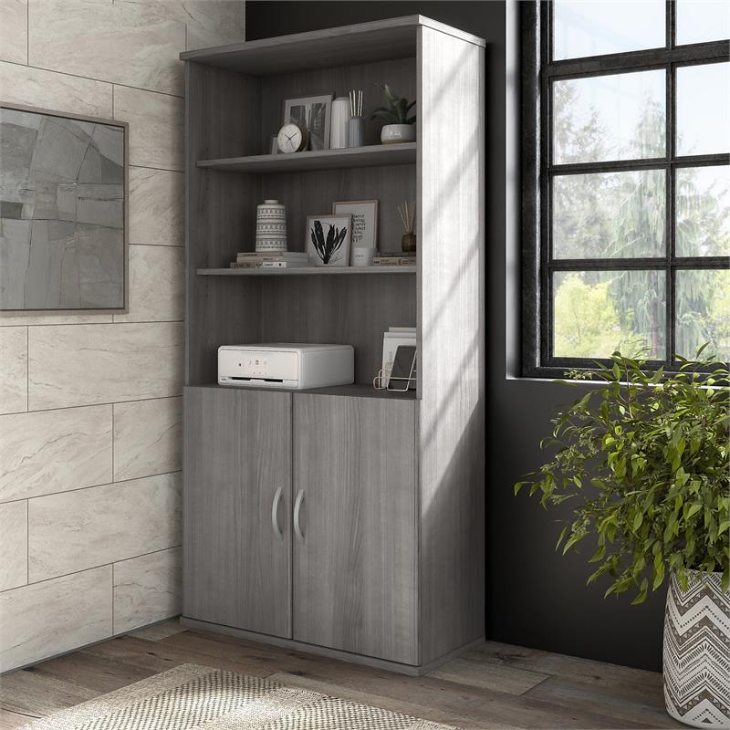 Pemberly Row Tall 5 Shelf Bookcase with Doors in Platinum Gray - Engineered Wood