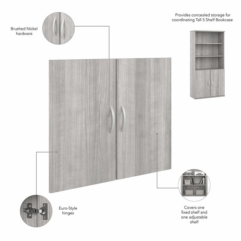 Pemberly Row Tall 5 Shelf Bookcase with Doors in Platinum Gray - Engineered Wood