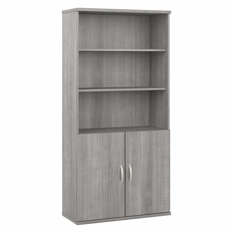 Pemberly Row Tall 5 Shelf Bookcase with Doors in Platinum Gray - Engineered Wood