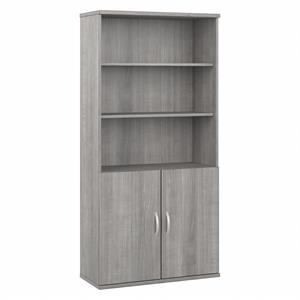 Pemberly Row Tall 5 Shelf Bookcase with Doors in Platinum Gray - Engineered Wood