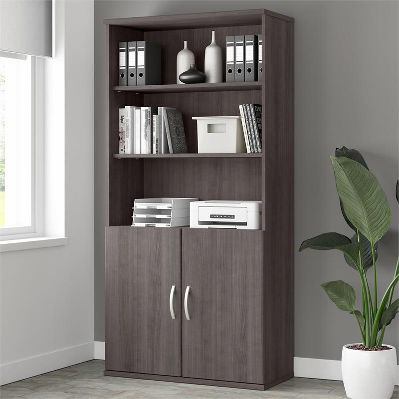 Pemberly Row Tall 5 Shelf Bookcase with Doors in Storm Gray - Engineered Wood