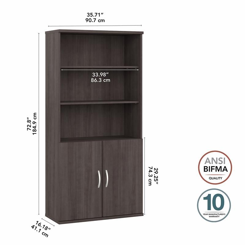 Pemberly Row Tall 5 Shelf Bookcase with Doors in Storm Gray - Engineered Wood