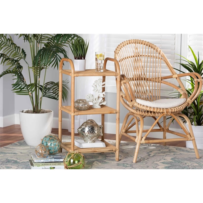 Pemberly Row Modern Bohemian Brown Finished Rattan 3-Tier Display Shelf