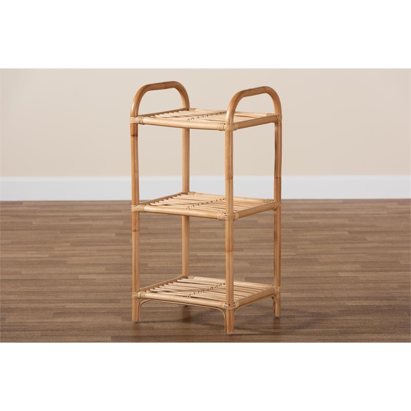 Pemberly Row Modern Bohemian Brown Finished Rattan 3-Tier Display Shelf