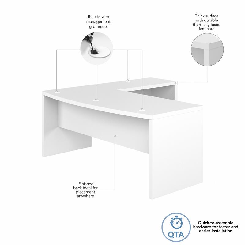 Pemberly Row 72W Bow Front L Shaped Desk in Pure White - Engineered Wood
