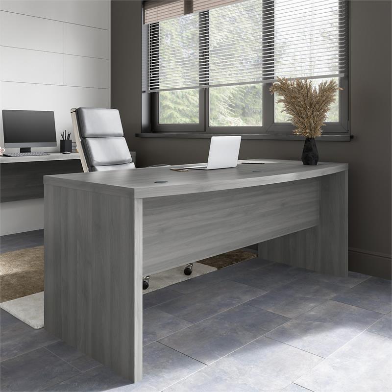 Pemberly Row 72W Bow Front Desk in Modern Gray - Engineered Wood