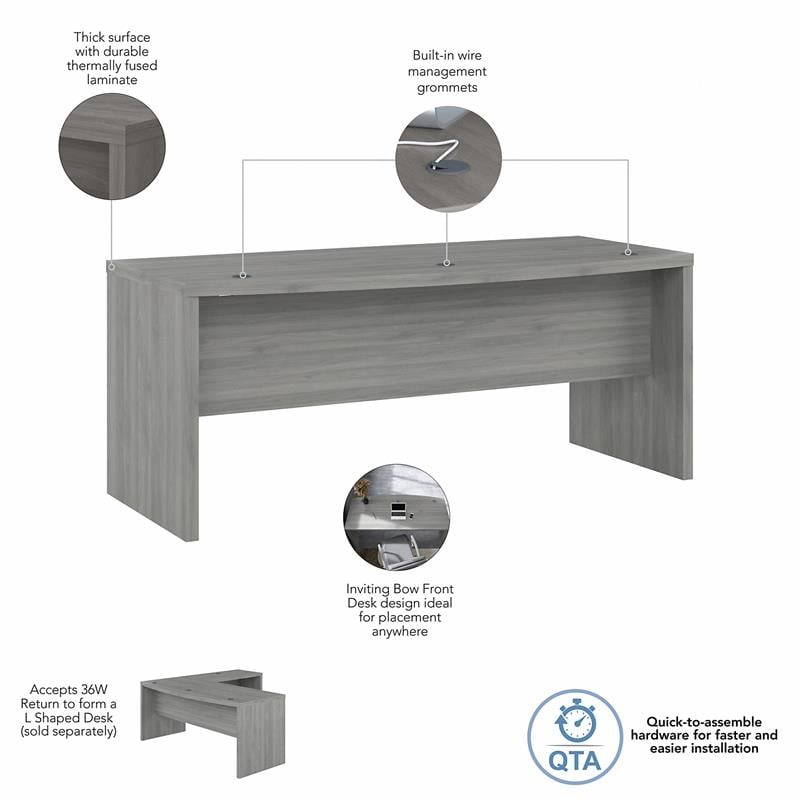 Pemberly Row 72W Bow Front Desk in Modern Gray - Engineered Wood