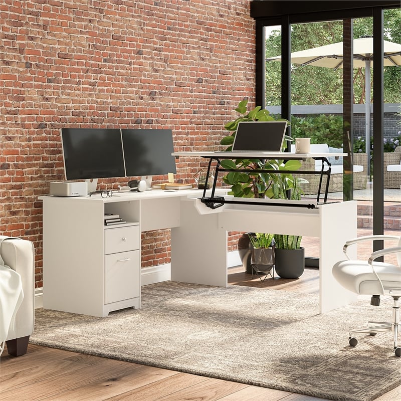 Pemberly Row 60W 3 Position L Shaped Sit Stand Desk in White - Engineered Wood