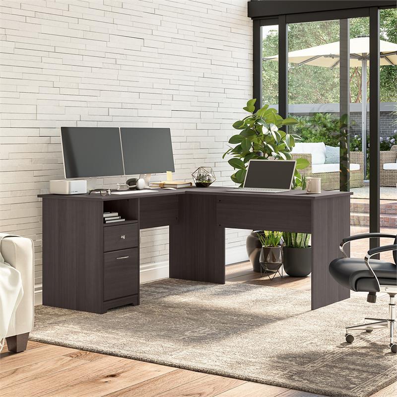 Pemberly Row 60W L Shaped Desk with Drawers in Heather Gray - Engineered Wood