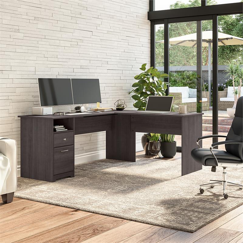 Pemberly Row 72W L Shaped Computer Desk with File in Heather Gray - Wood