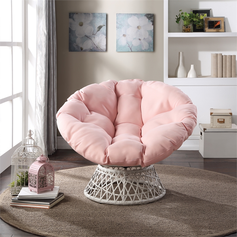 Pemberly Row Chair with Pink Round Pillow Fabric Cushion and Cream Wicker Weave