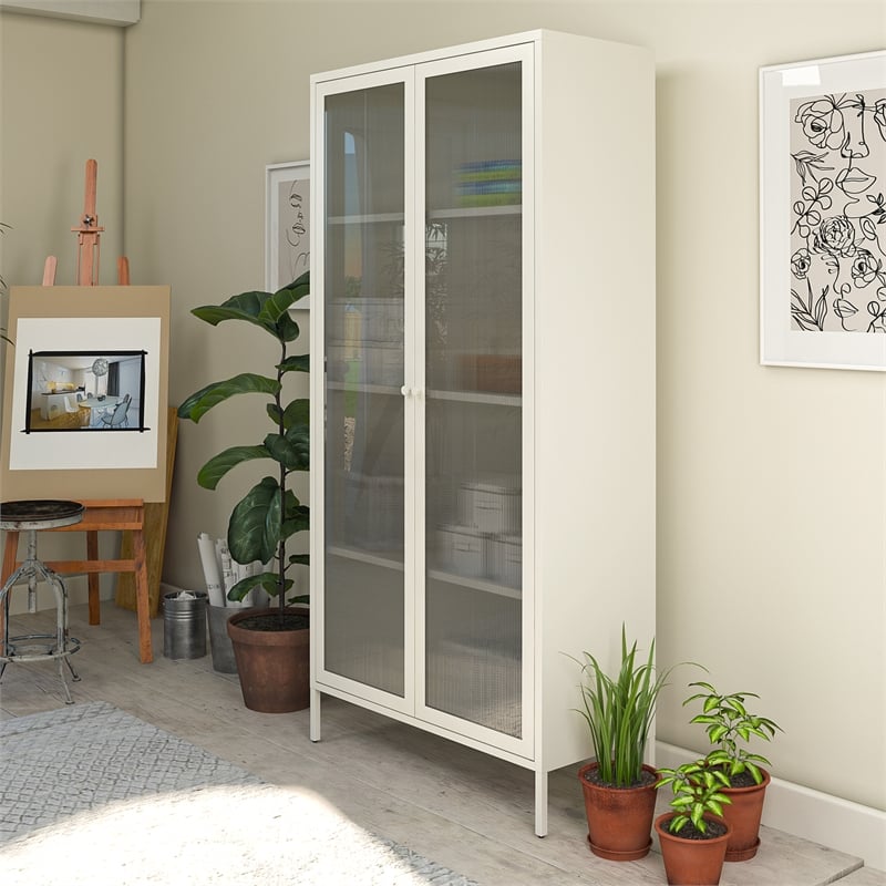 Pemberly Row Contemporary Tall 2 Door Storage Cabinet in White