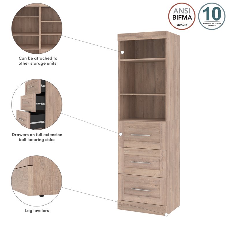 Pemberly Row 25W Closet Organizer with Drawers in Rustic Brown - Engineered Wood