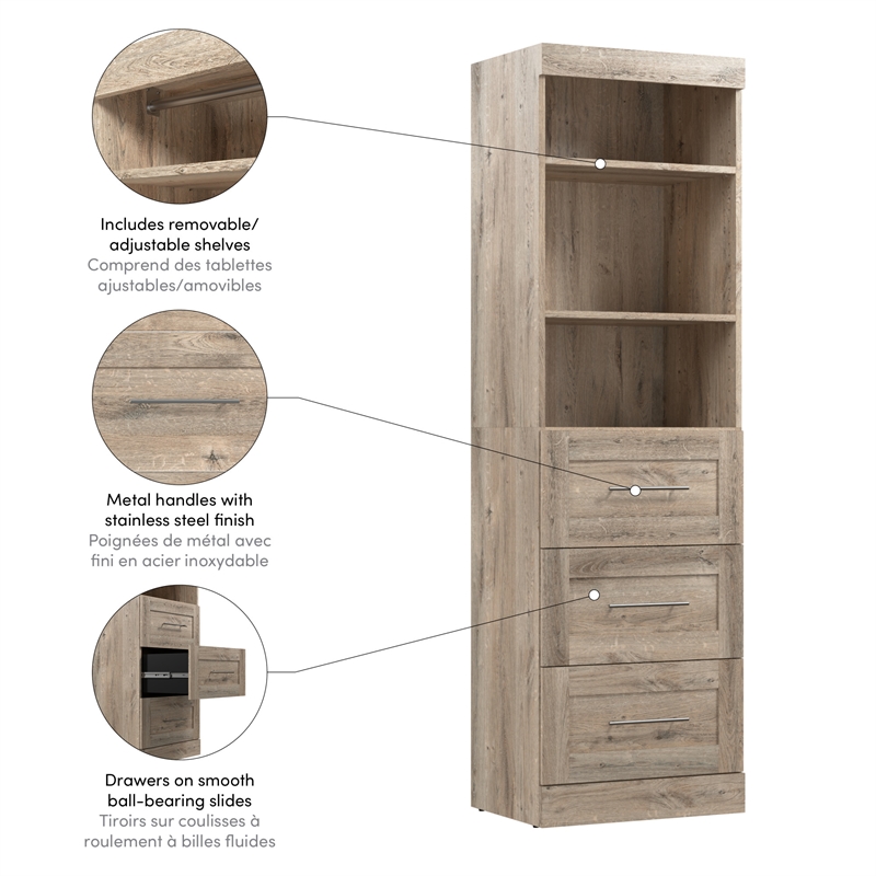 Pemberly Row 25W Closet Organizer with Drawers in Rustic Brown - Engineered Wood