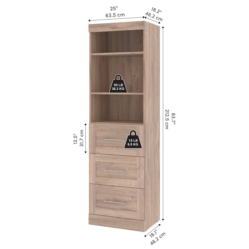 Pemberly Row 25W Closet Organizer with Drawers in Rustic Brown - Engineered Wood
