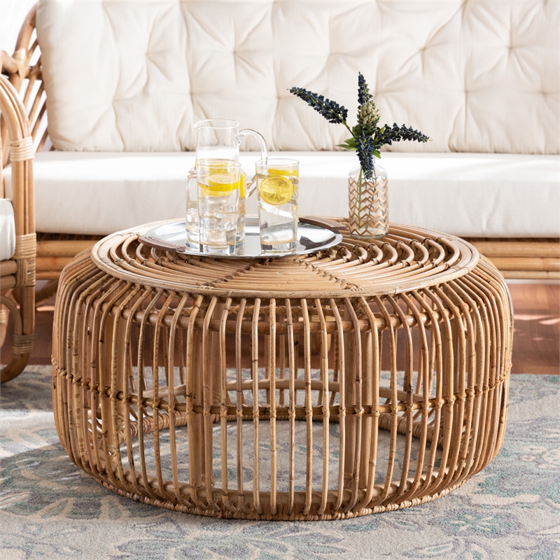 Pemberly Row Modern Bohemian Natural Brown Antique Rattan Coffee Table