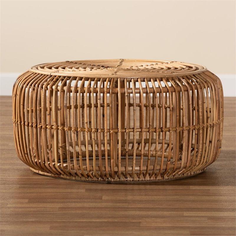 Pemberly Row Modern Bohemian Natural Brown Antique Rattan Coffee Table