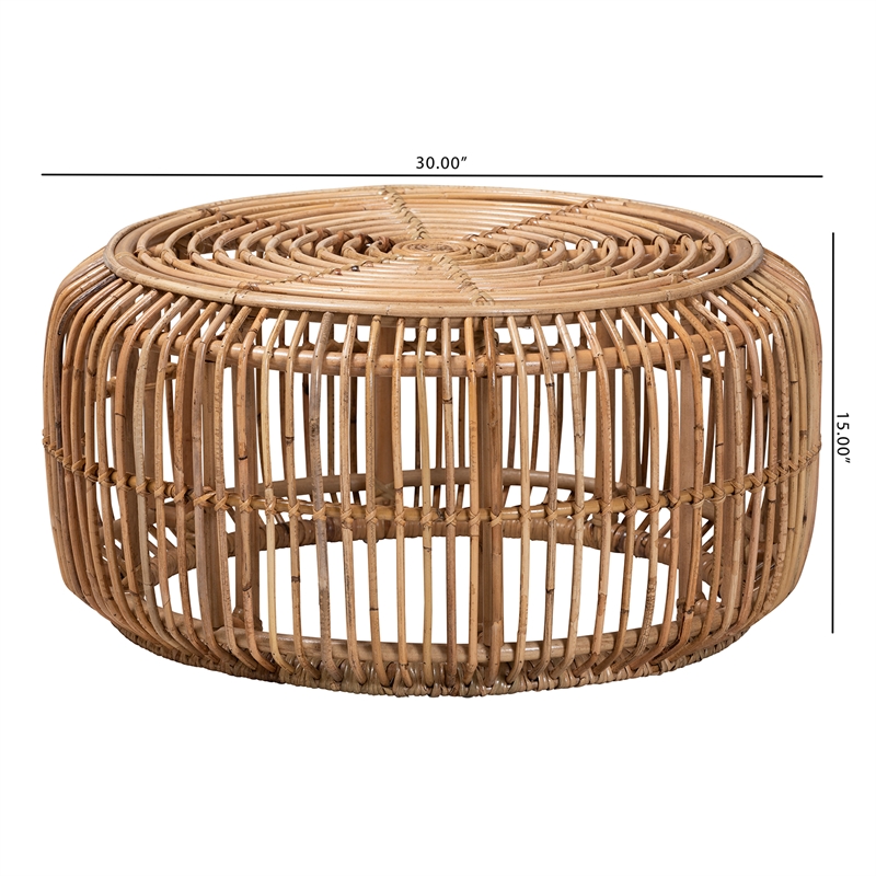 Pemberly Row Modern Bohemian Natural Brown Antique Rattan Coffee Table