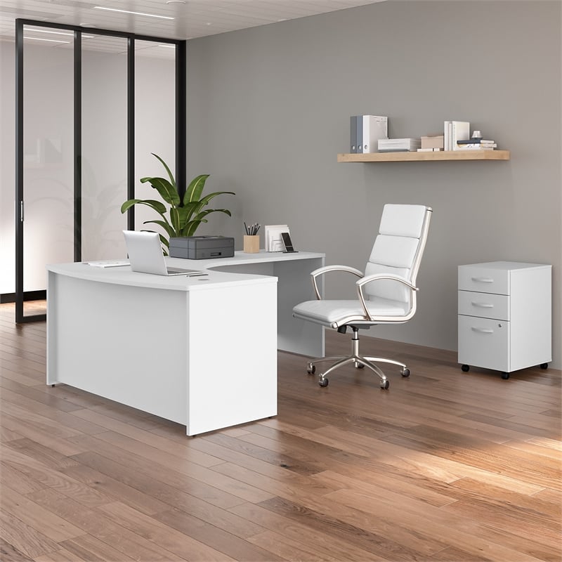 Pemberly Row 60W Right Hand L-Bow Desk with Drawers in White - Engineered Wood