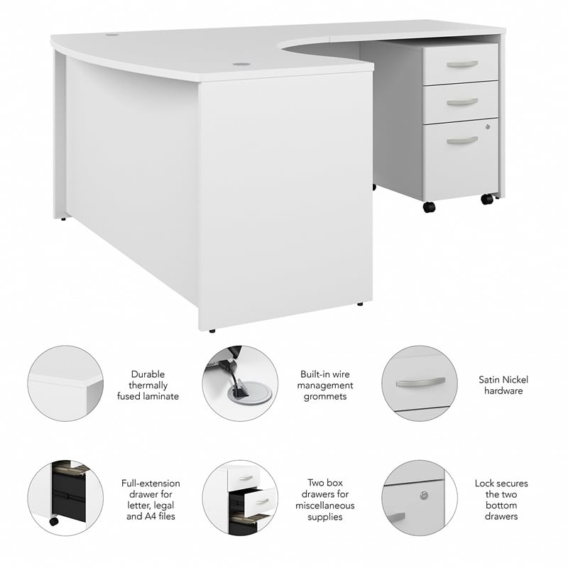 Pemberly Row 60W Right Hand L-Bow Desk with Drawers in White - Engineered Wood
