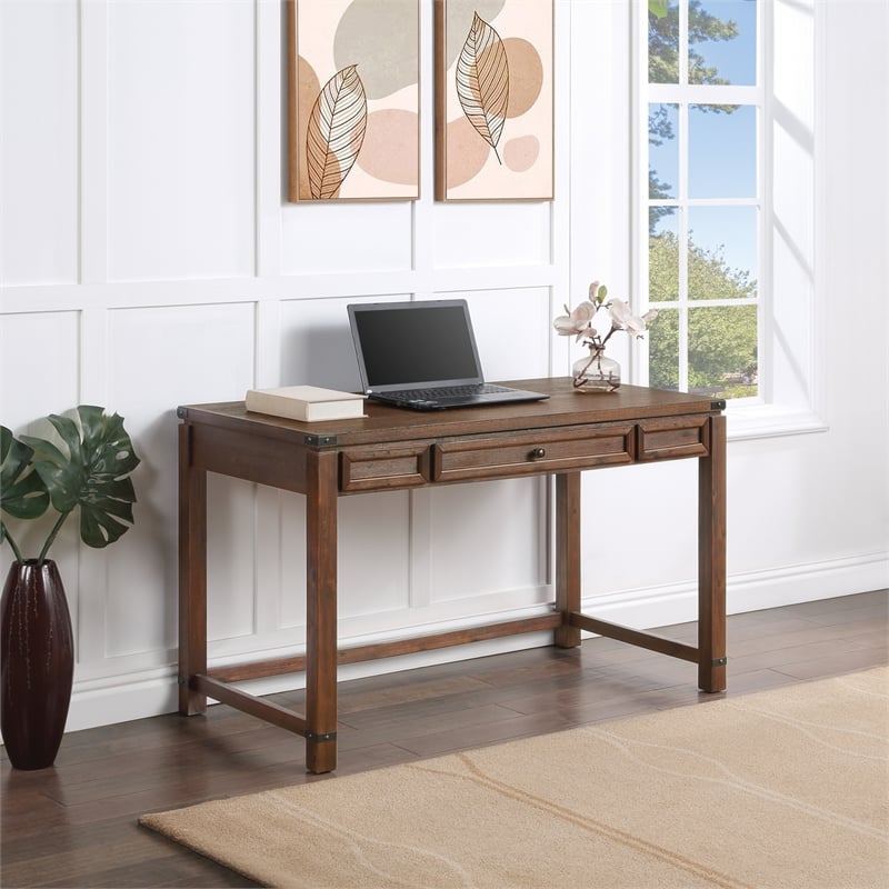 Pemberly Row Sit-to-Stand Lift Wood Desk in Brushed Walnut Brown Finish