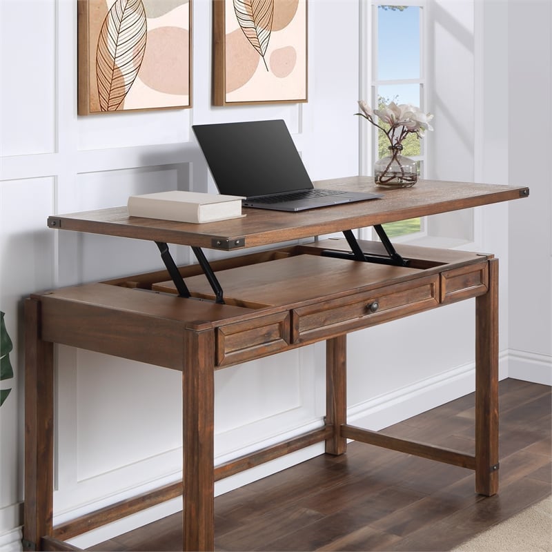 Pemberly Row Sit-to-Stand Lift Wood Desk in Brushed Walnut Brown Finish