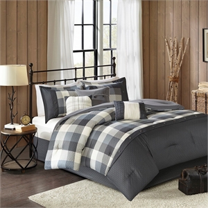 Pemberly Row Modern 7 Piece Herringbone Comforter Set in Gray
