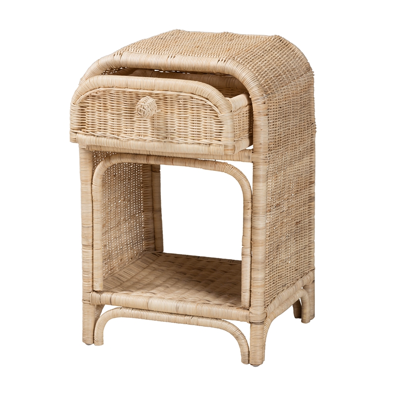 Pemberly Row Modern Bohemian Natural Brown Rattan 1-Drawer Nightstand